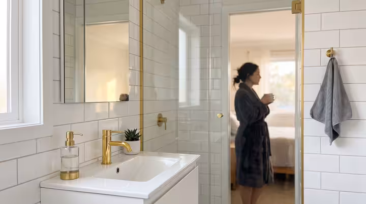 Glänzendes, aufgeräumtes Badezimmer am Samstagmorgen, Frau mit Kaffee im Hintergrund
