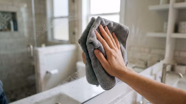 Hand wischt Badezimmerspiegel streifenfrei in einem Zug mit XL-Mikrofasertuch